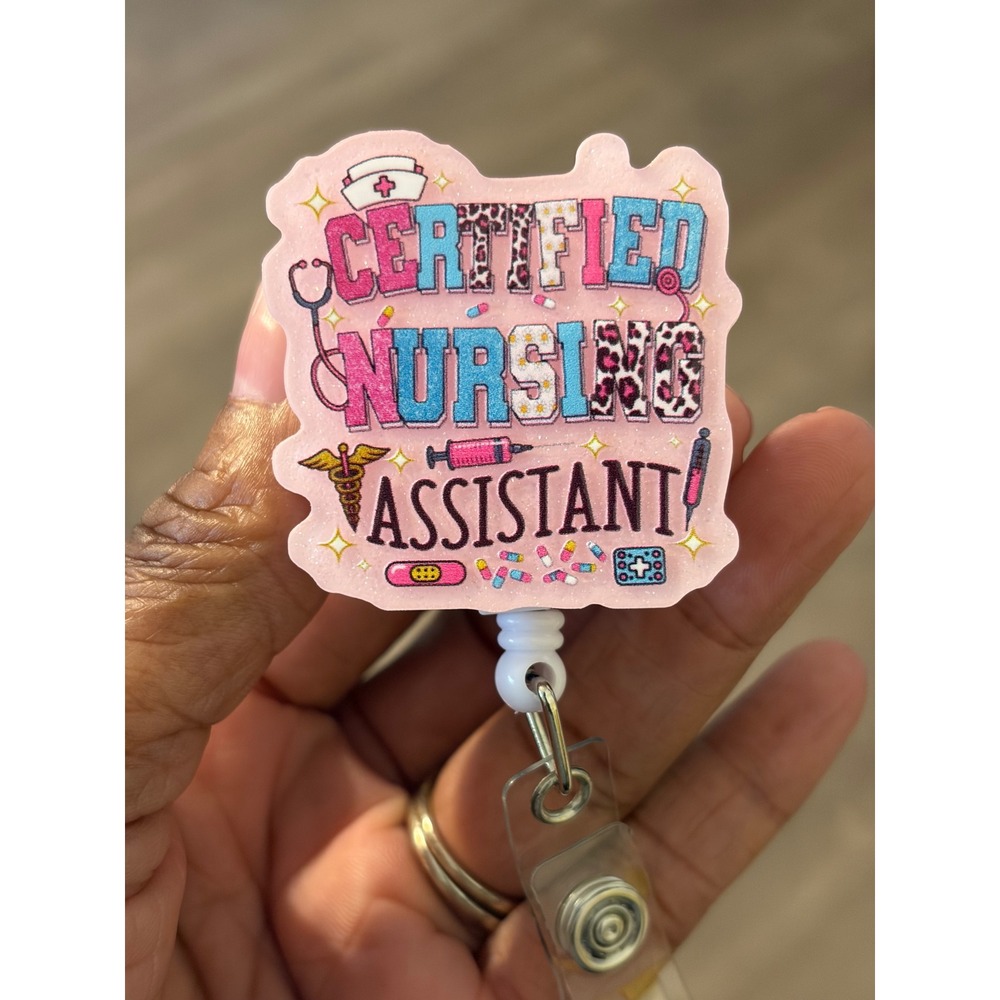 Certified Nursing Assistant CNA Retractable Badge Reel Pink Glitter Leopard ID